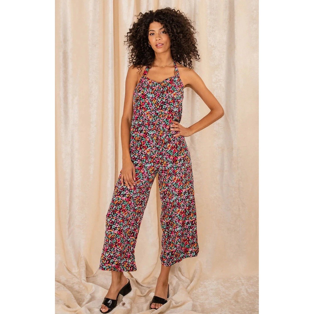 Anthropologie Raga Through The Fields Halter Wide Leg‎ Floral Jumpsuit Sz-XS NWT